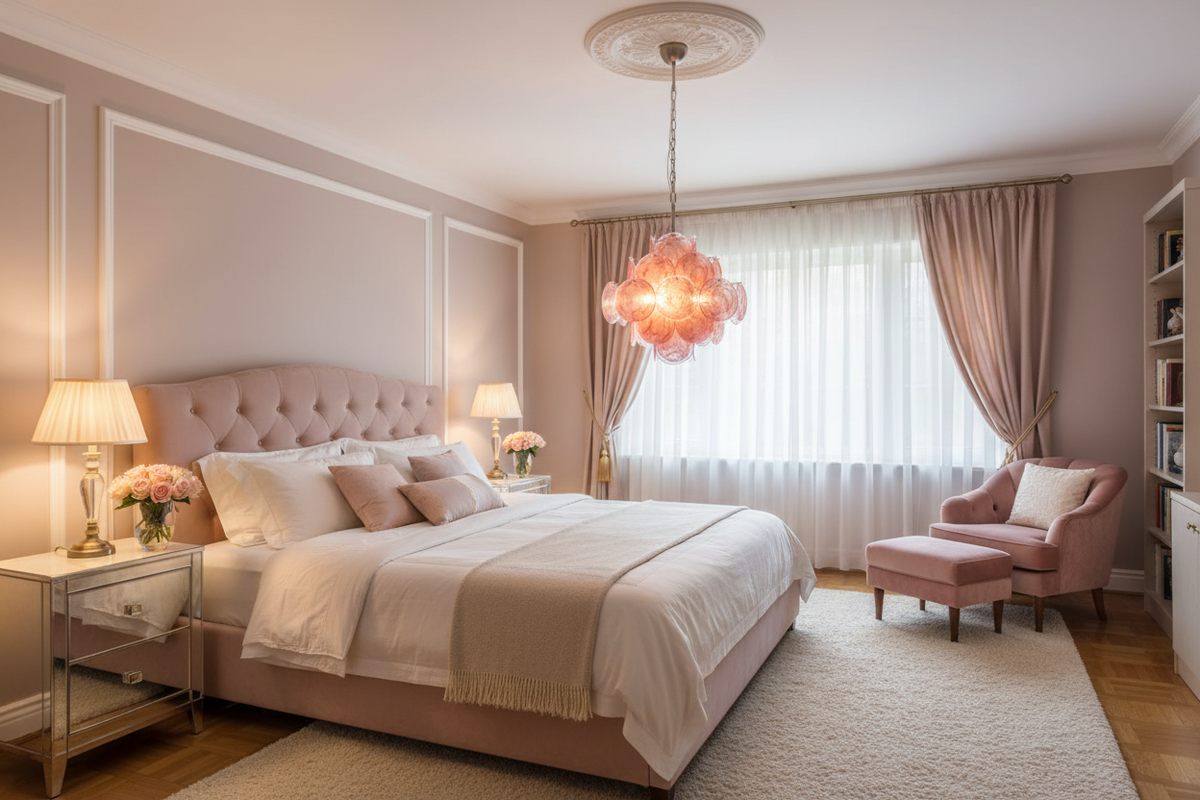 Pink glass disc chandelier glowing in a romantic bedroom