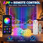 Smart RGB curtain lights with Surplife app and remote control in a Christmas window