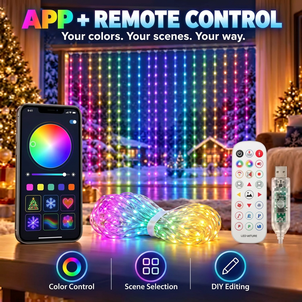 Smart RGB curtain lights with Surplife app and remote control in a Christmas window
