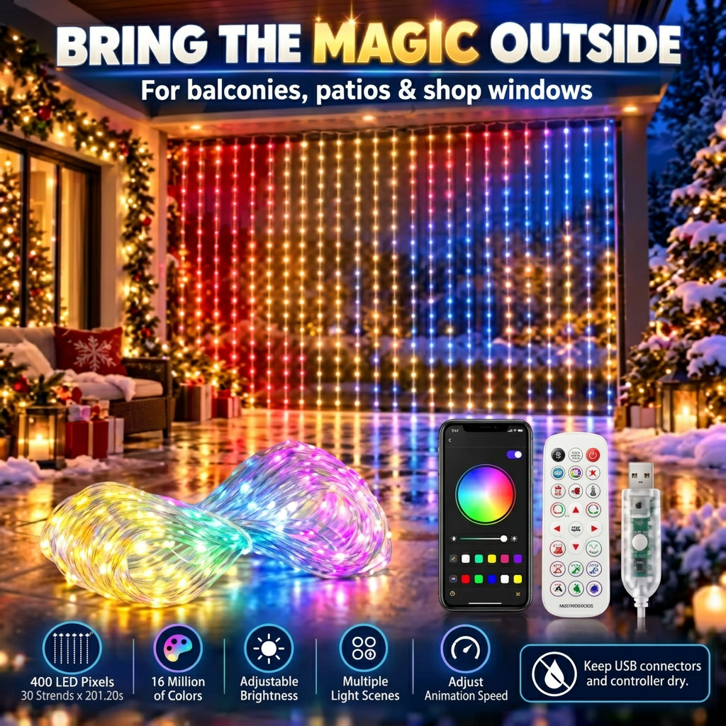RGB curtain lights used as an outdoor Christmas decoration