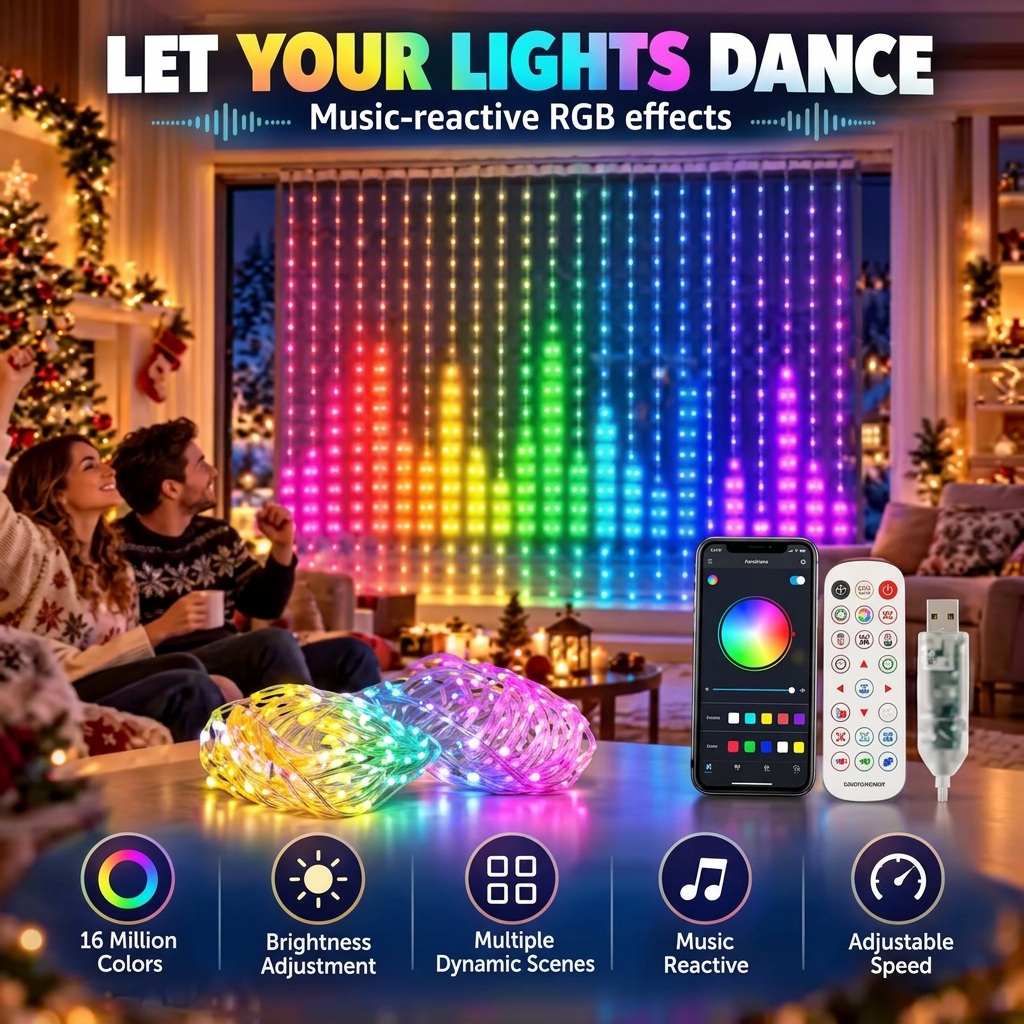 Dynamic lighting effects on RGB LED Christmas curtain lights