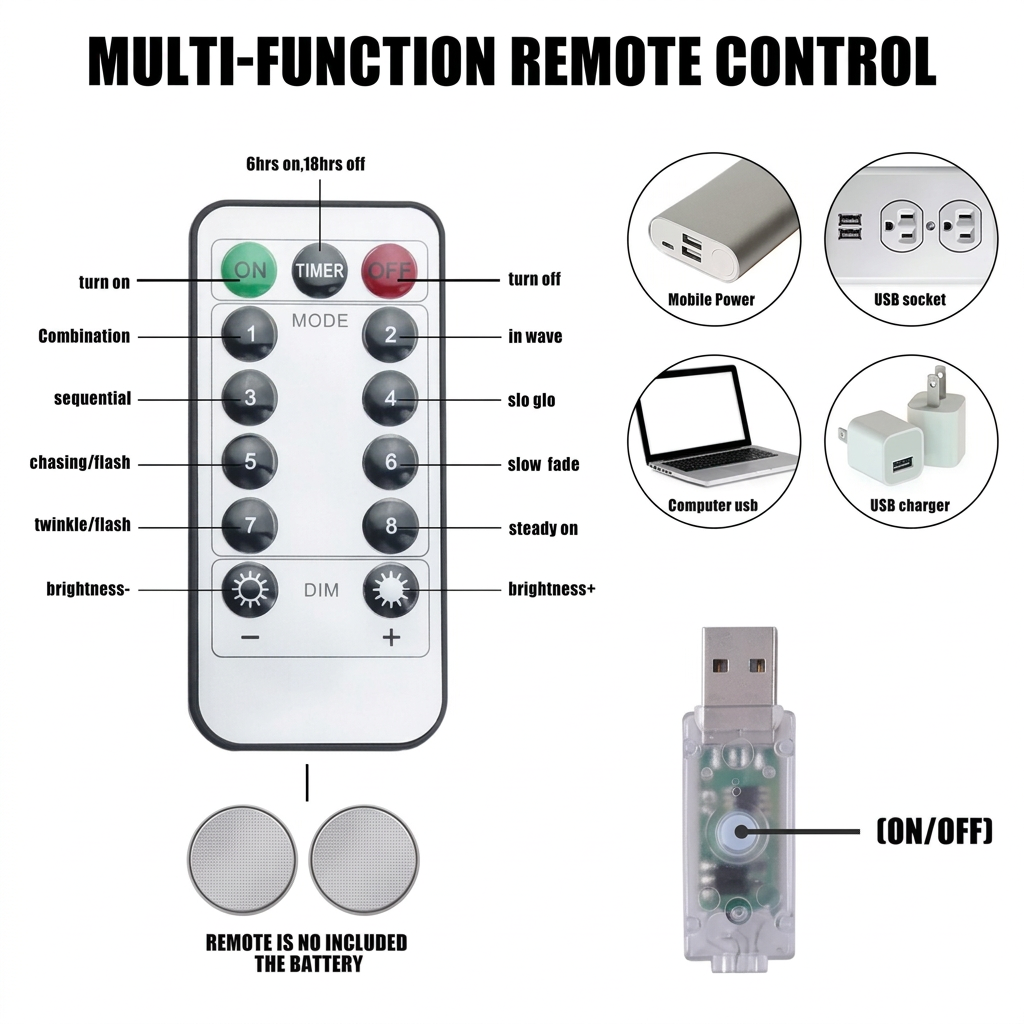 Curtain lights remote control showing 8 lighting modes