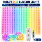 Smart RGB curtain lights infographic: 3m x 3m, 400 LEDs, app and remote control