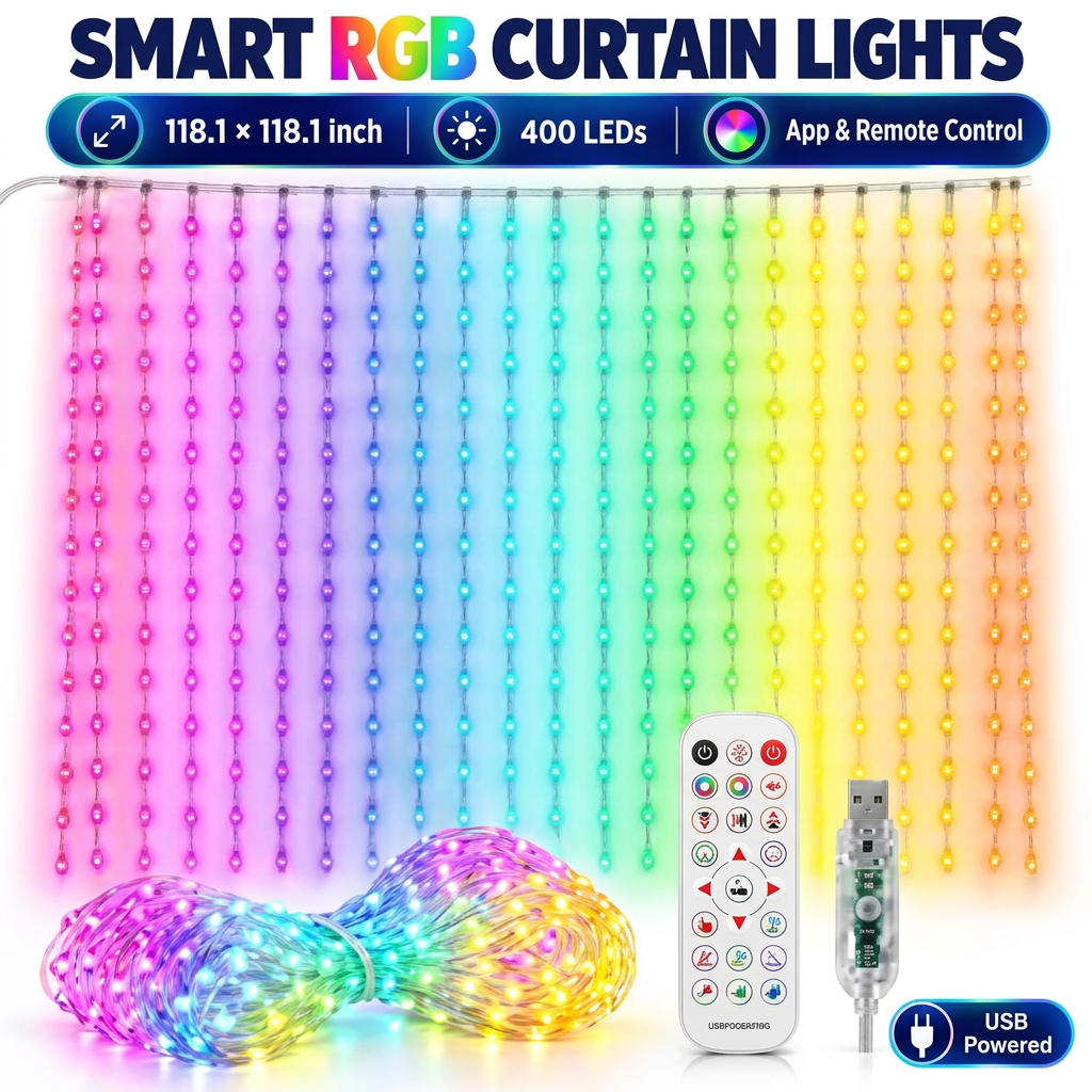 Smart RGB curtain lights infographic: 3m x 3m, 400 LEDs, app and remote control