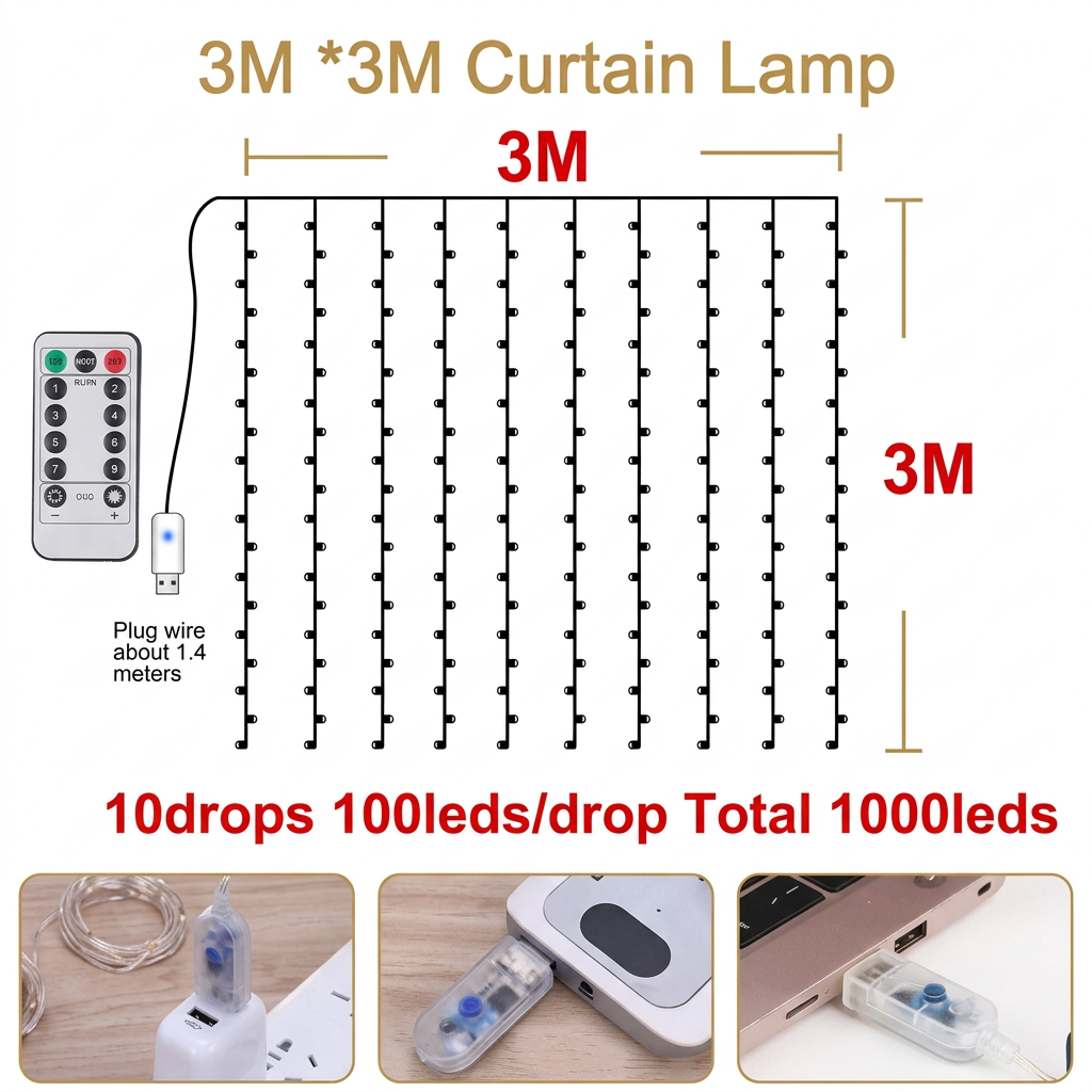 3 x 3m LED curtain lights size and dimension diagram