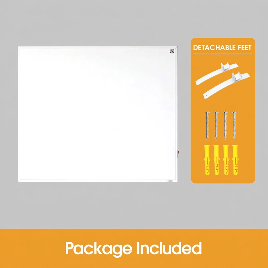 300W infrared heating panel package contents – panel, detachable feet, screws and wall plugs