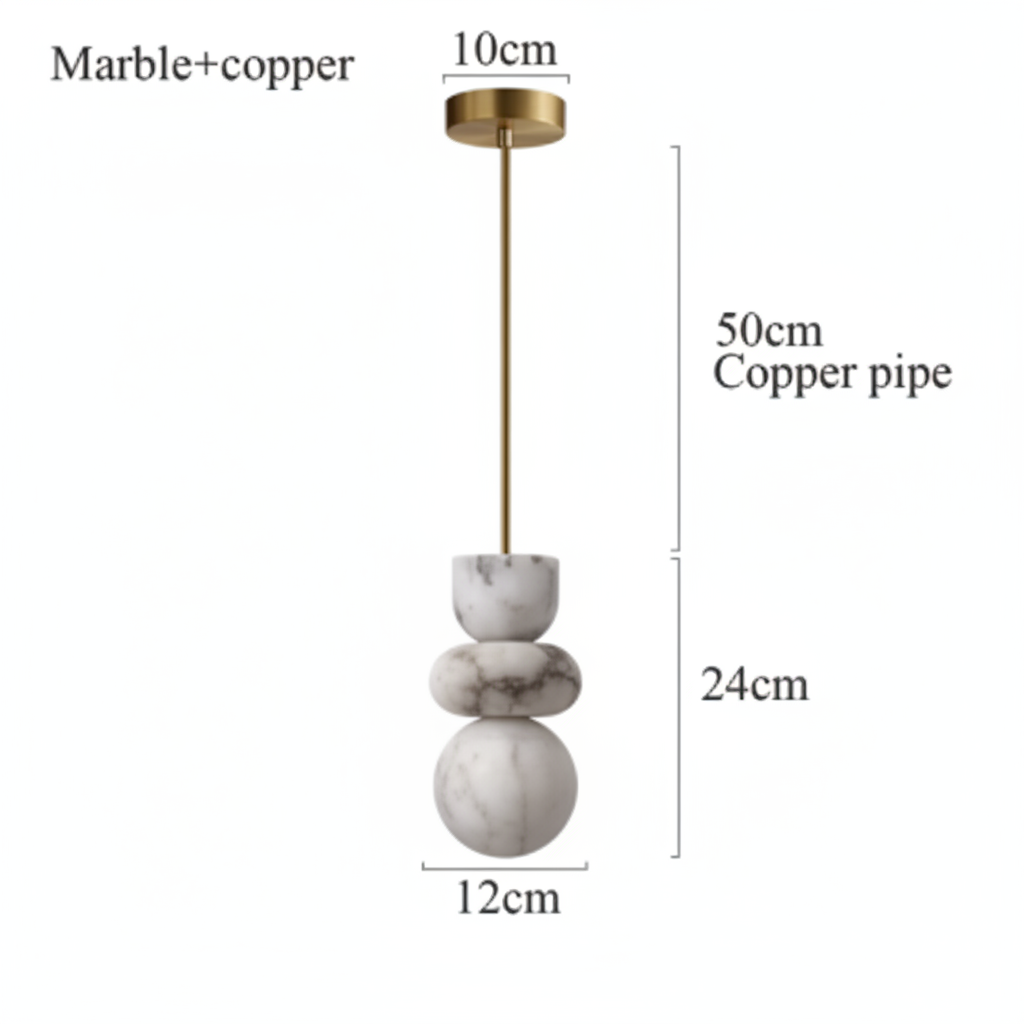 Spanish marble pendant light dimension diagram - 12cm shade, 24cm high, on a 50cm copper pipe