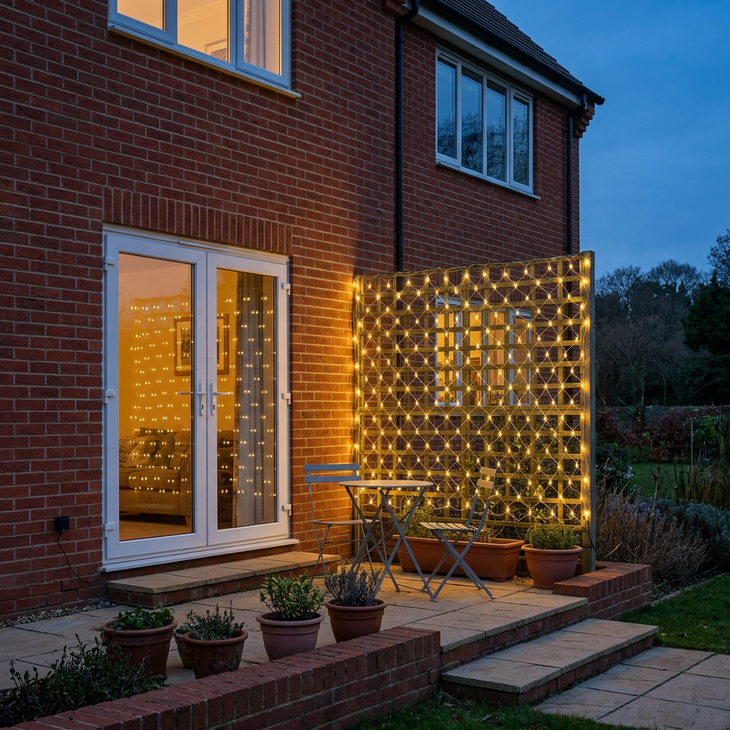 3 m × 2 m LED net mesh fairy lights on a UK garden trellis