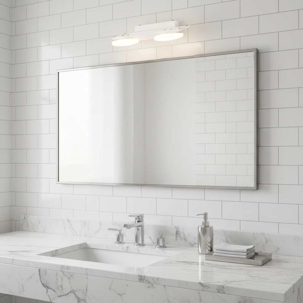Arlo 30cm two-light wall light above a rectangular mirror and marble vanity in a white metro tile bathroom