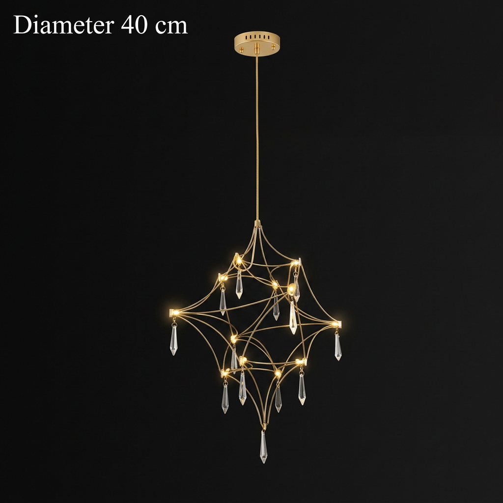 Celeste crystal chandelier 40 cm, gold, lit on a black background