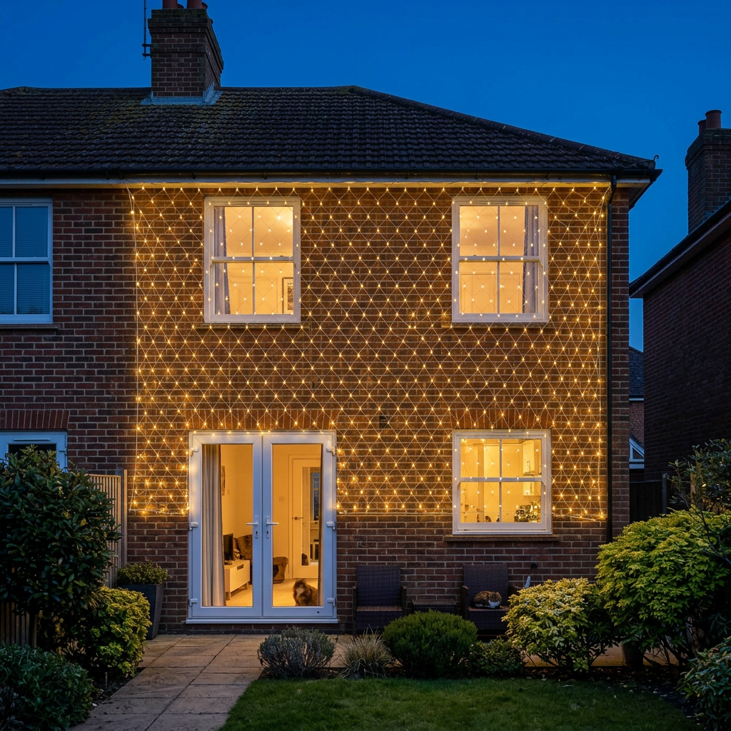 6 m × 4 m LED net mesh Christmas fairy lights across a UK house front
