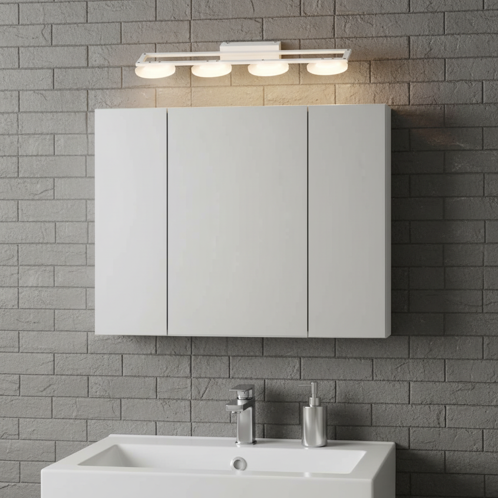 Arlo 70cm four-light wall light above a bathroom cabinet and basin on grey brick tiles