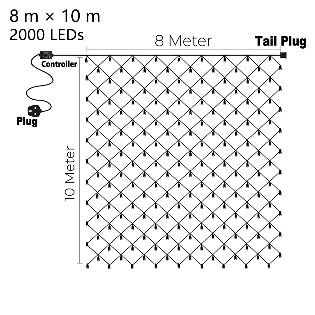 8 m × 10 m LED net light size guide – 2,000 LEDs