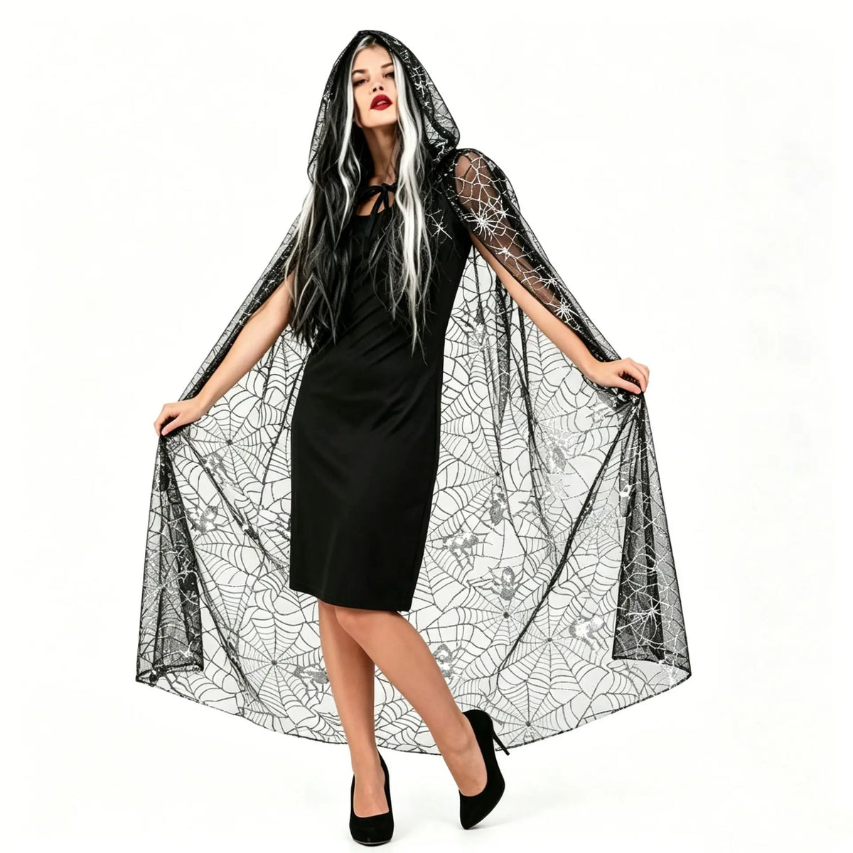 Black spider web single layer cape