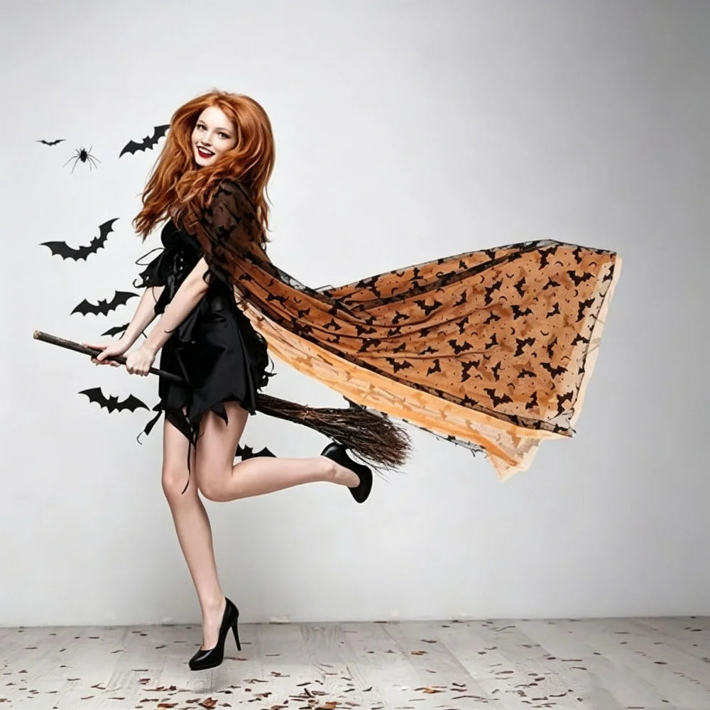 Black and orange bat witch cape front view