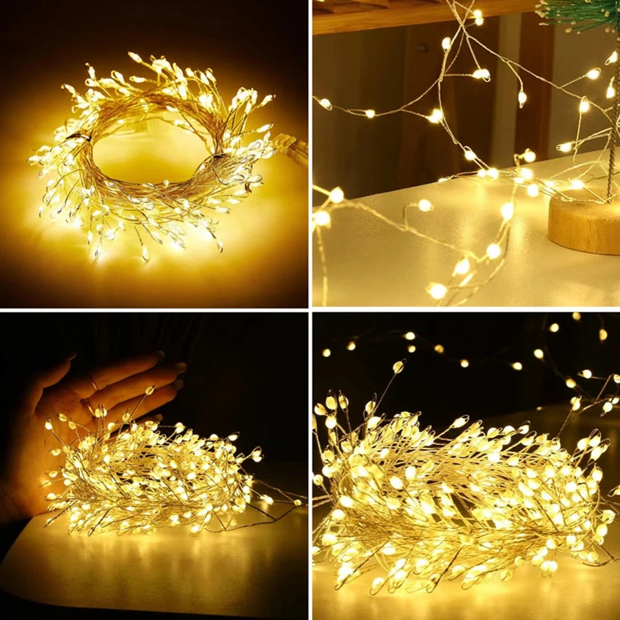 Warm white cluster fairy lights shown in four close-up views