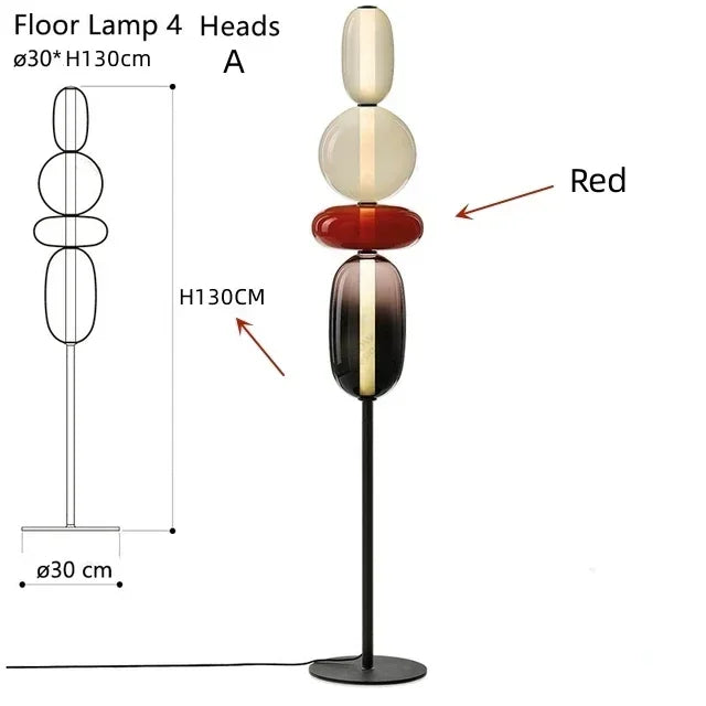 Opal stacked glass lamp – Floor 130cm – 4-Head Red