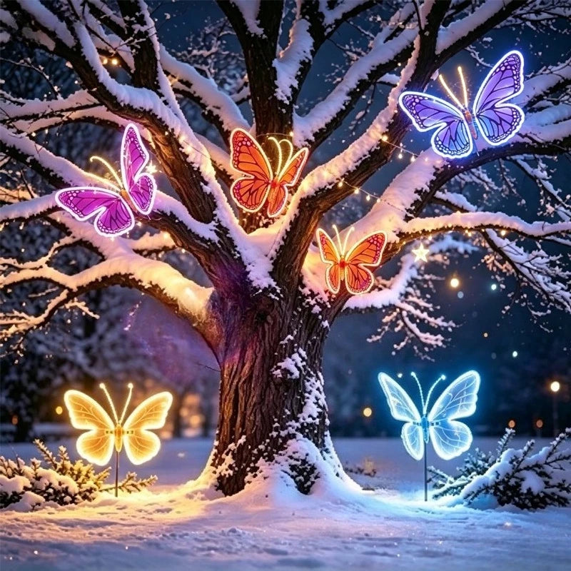 LED moving butterfly lights glowing on a snowy tree at night