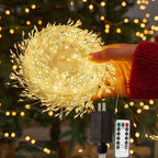 Warm white firecracker cluster fairy lights held in hand with plug adapter and remote