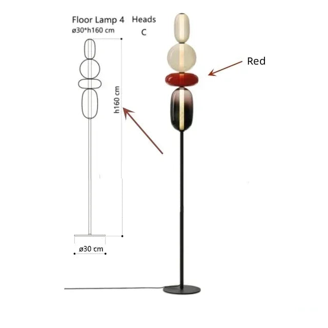 Opal stacked glass lamp – Floor 160cm – 4-Head Red
