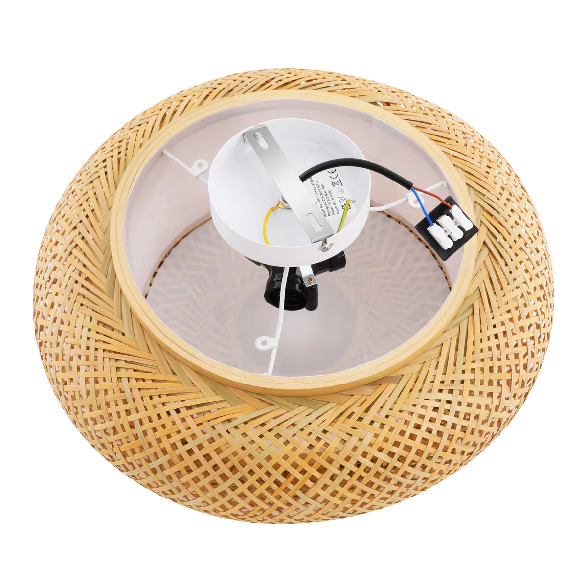 Inside the bamboo ceiling light showing the mounting plate, terminal block and E27 lamp holder