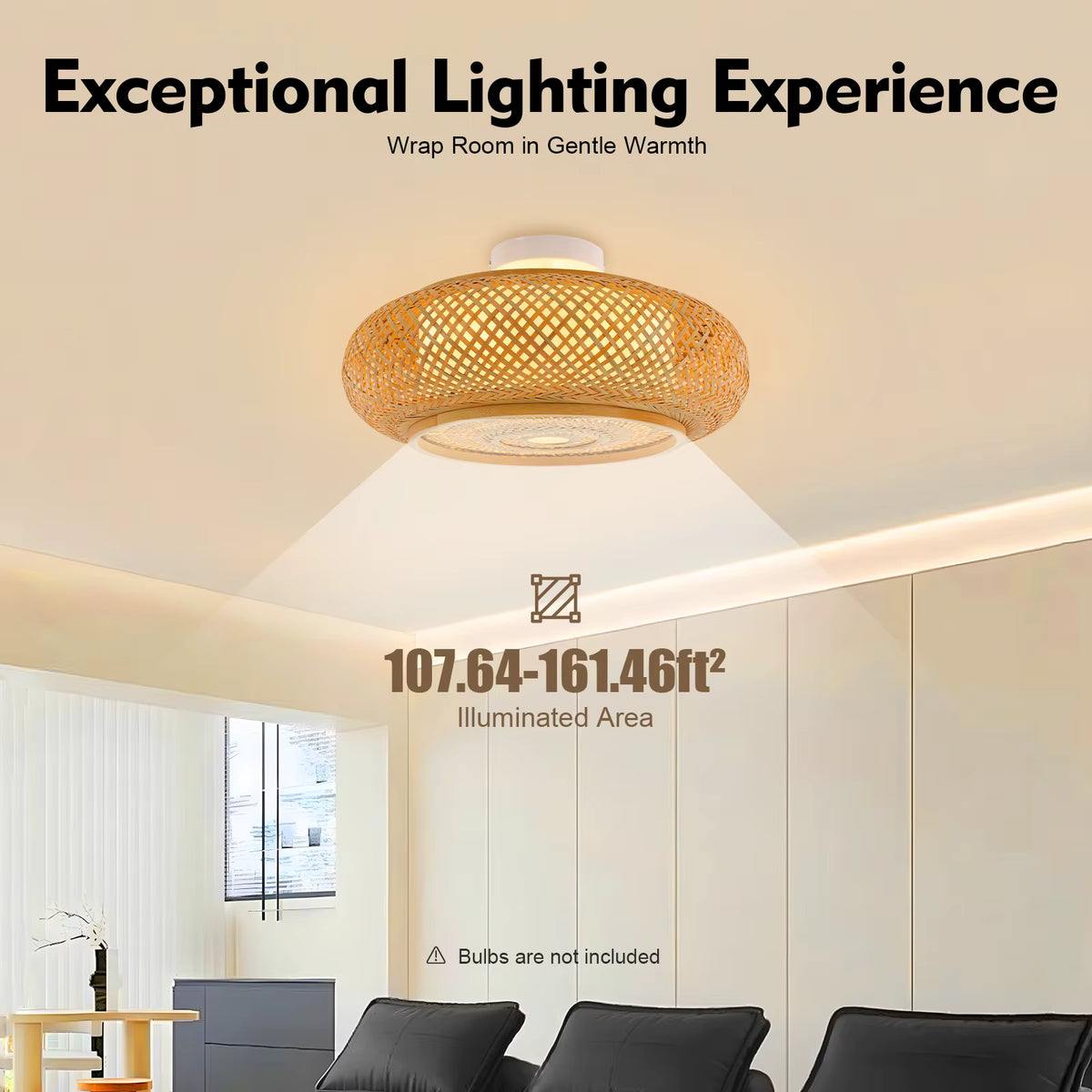 Bamboo ceiling light in a living room, lighting an area of 10 to 15 square metres