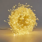 Warm white firecracker cluster lights, close-up of dense LED sprays