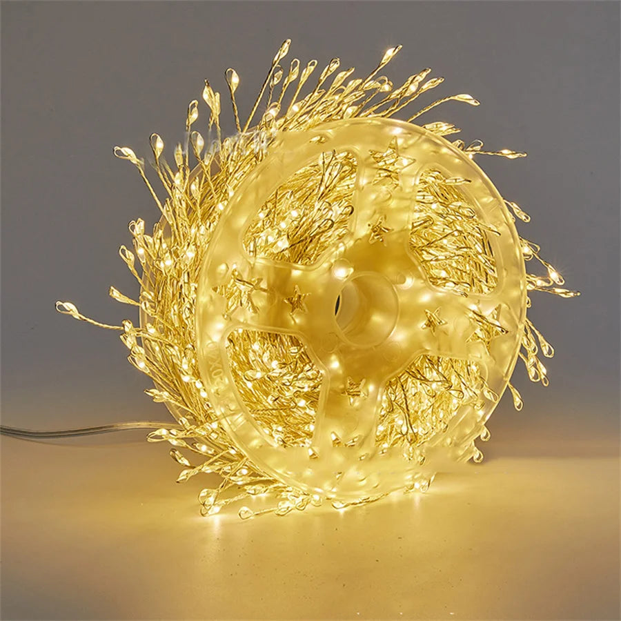 Warm white firecracker cluster lights, close-up of dense LED sprays