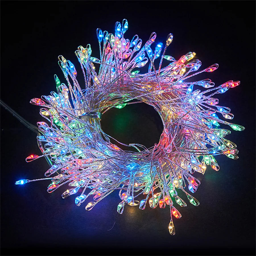 Multicolour firecracker cluster lights on a dark background