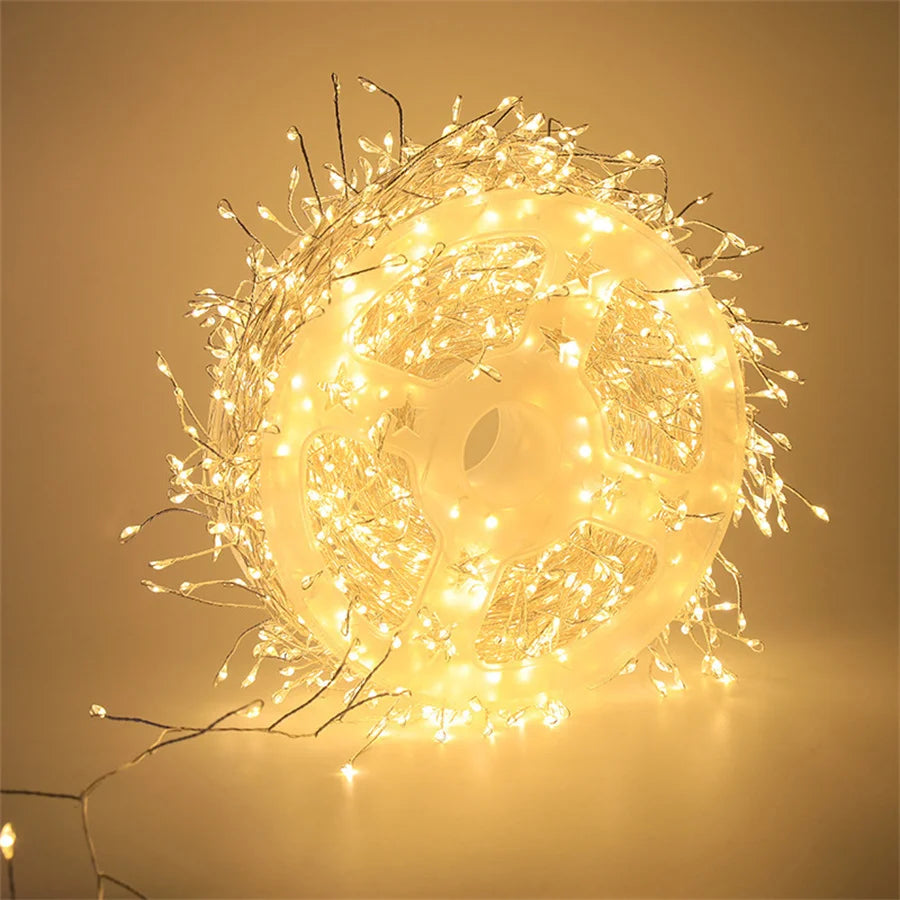 Warm white cluster fairy lights glowing in a coil