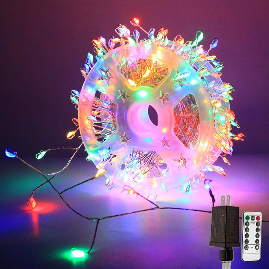 Multicolour cluster Christmas lights on a reel with adapter and remote