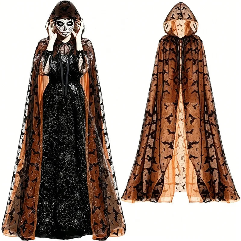 Shadow Witch hooded mesh cape black and orange bat print
