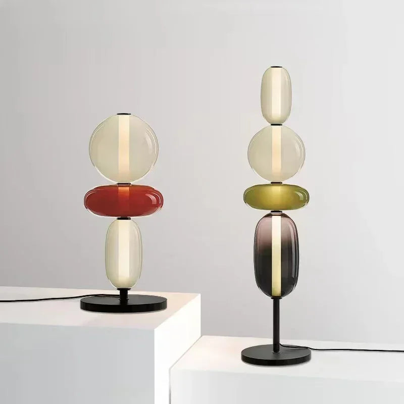 Opal stacked glass lamps in red and olive green glass