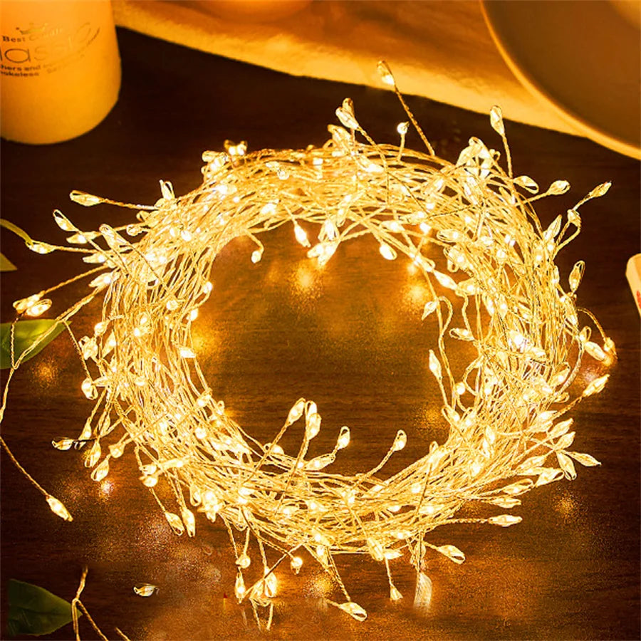 Warm white firecracker cluster lights in a ring held in hand
