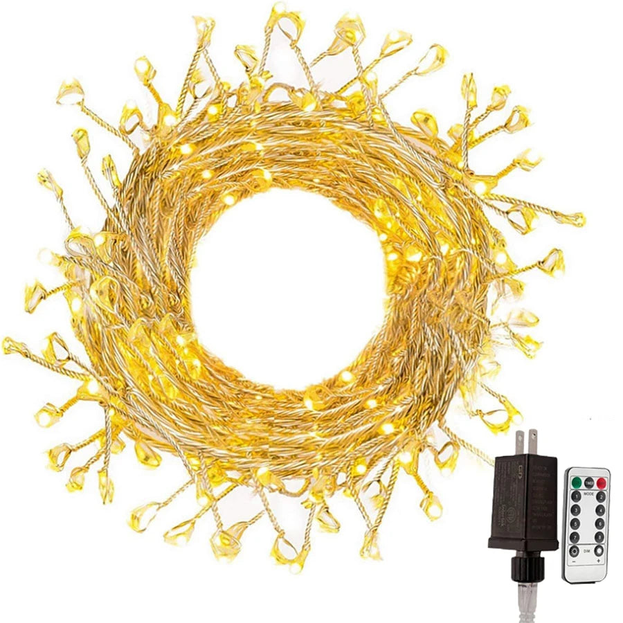 Warm white firecracker cluster light string with plug adapter and remote