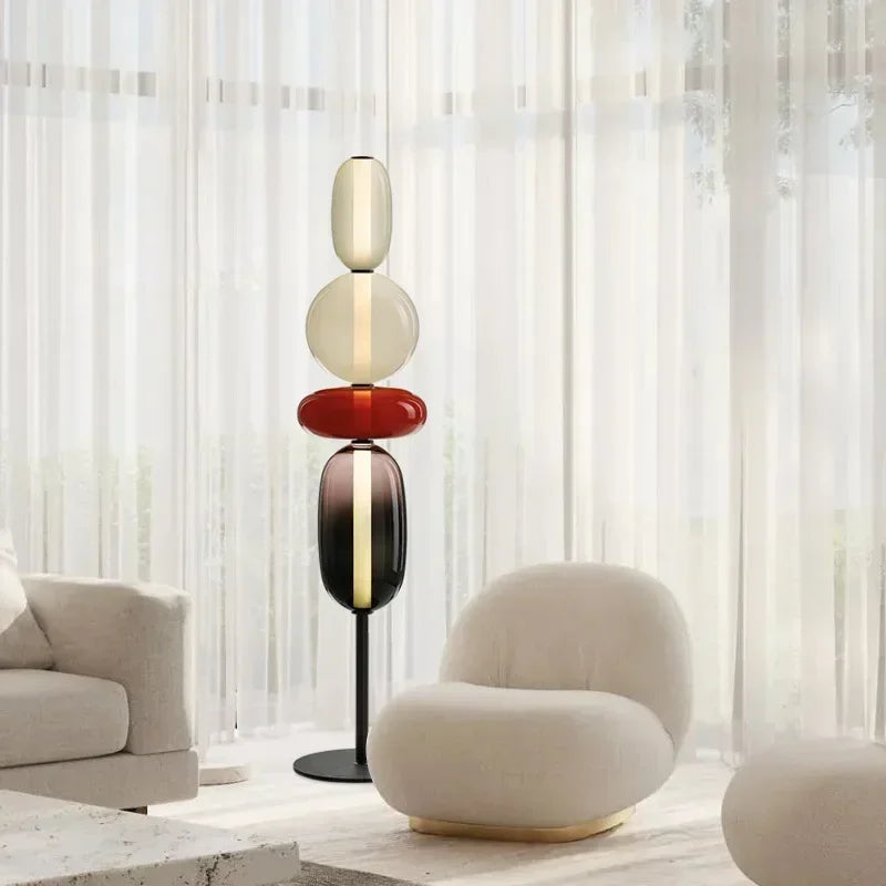 Opal stacked glass floor lamp in a neutral lounge