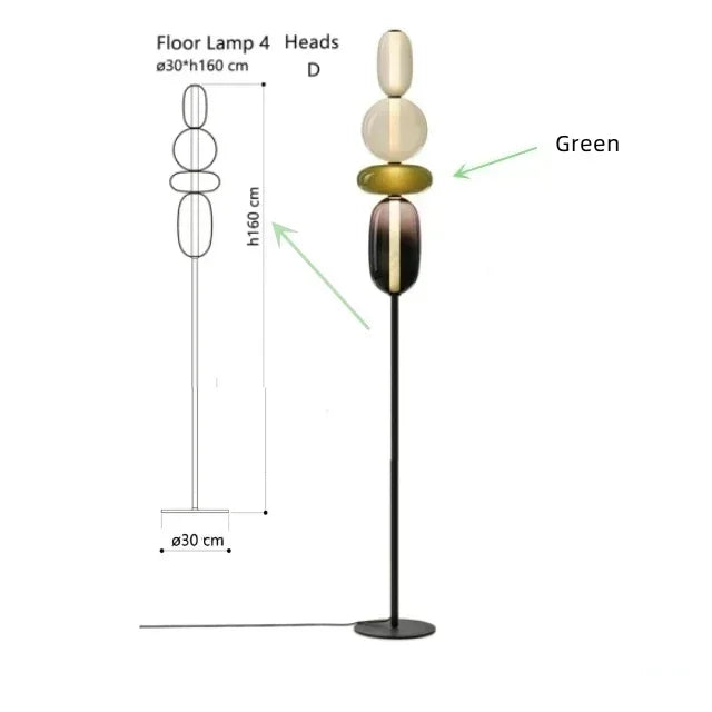 Opal stacked glass lamp – Floor 160cm – 4-Head Olive