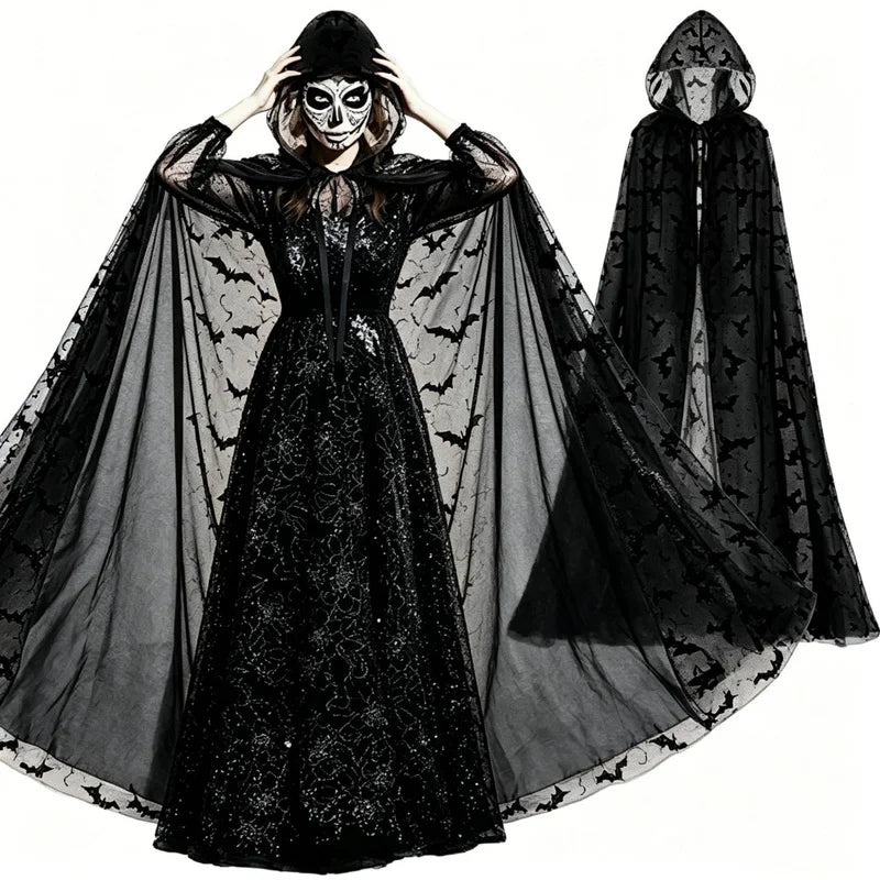 Black bat Halloween cape worn as witch costume