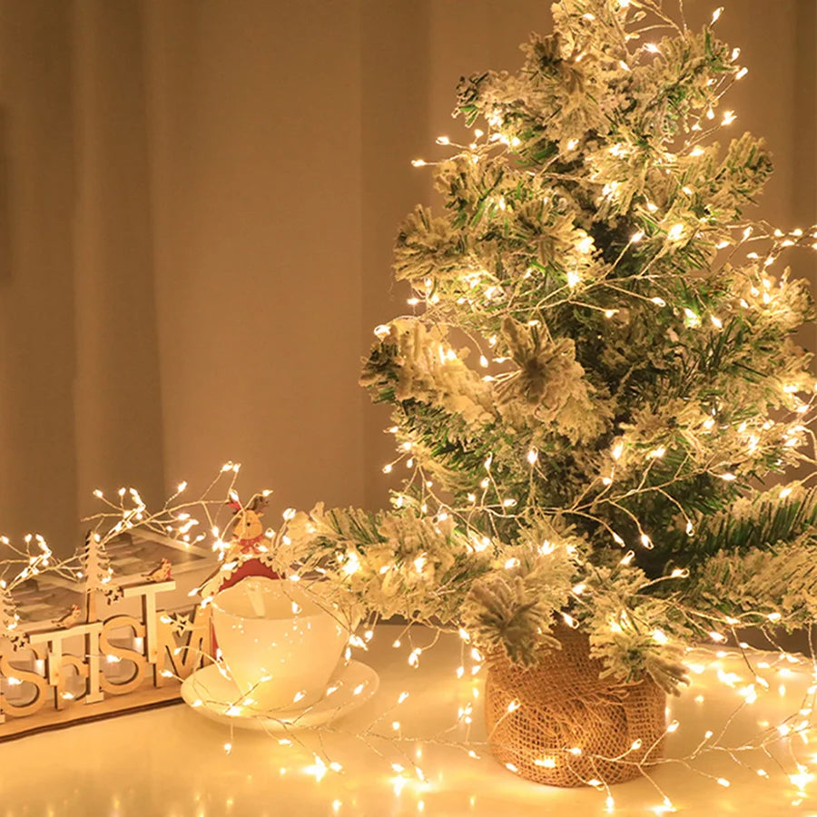 Warm white cluster lights wrapped around a small Christmas tree