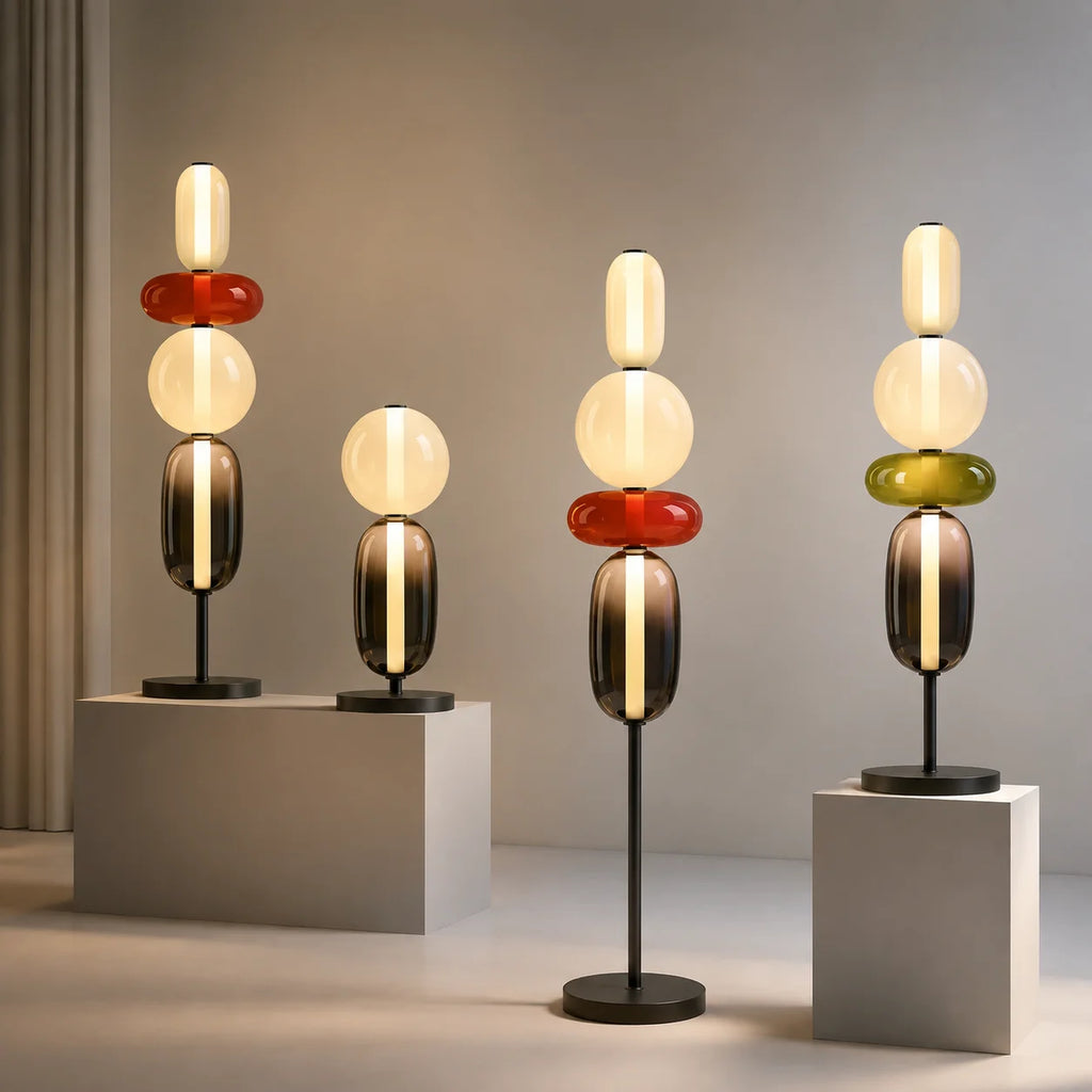 Opal stacked glass lamps in table and floor sizes with red and olive glass accents