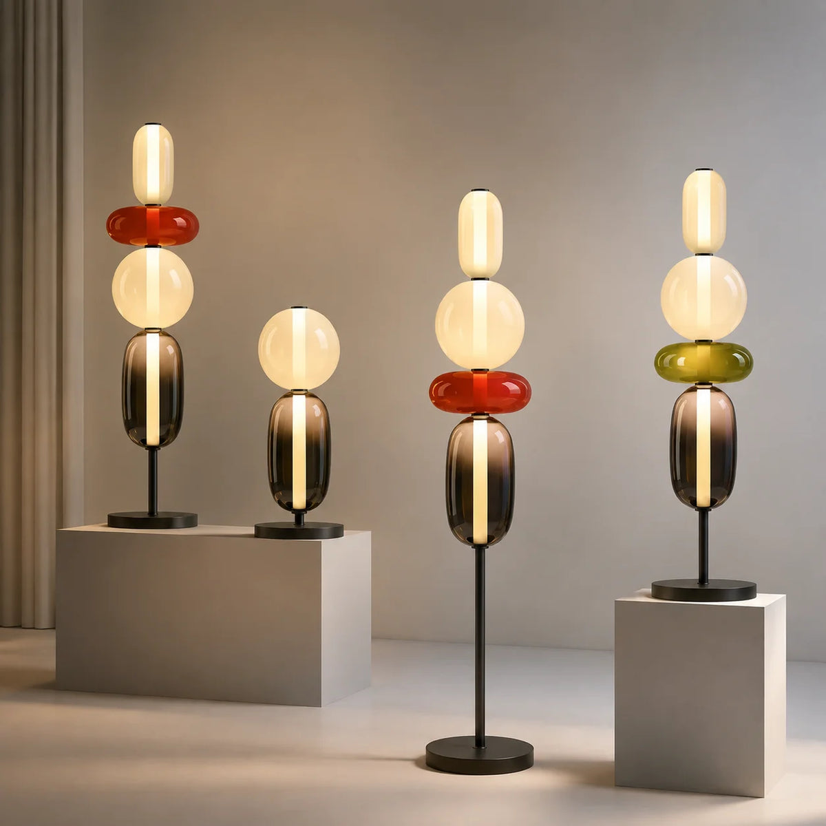 Opal stacked glass lamps in table and floor sizes with red and olive glass accents