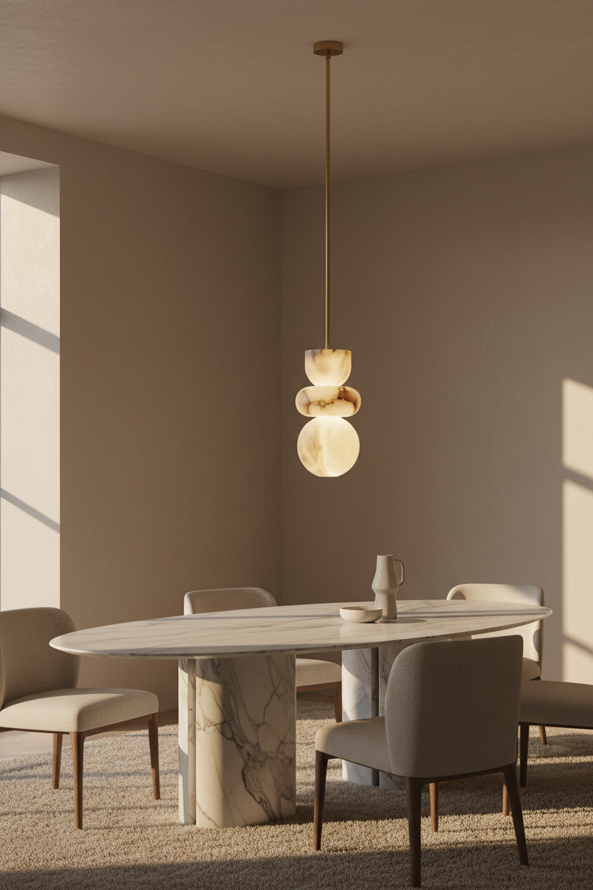Marble pendant light on a brass pipe glowing above an oval marble dining table
