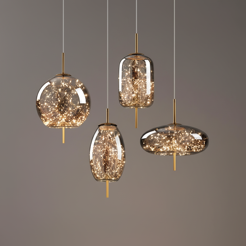 4-head art glass pendant light set in amber: globe, capsule, oval and disc shades with gold-tone stems