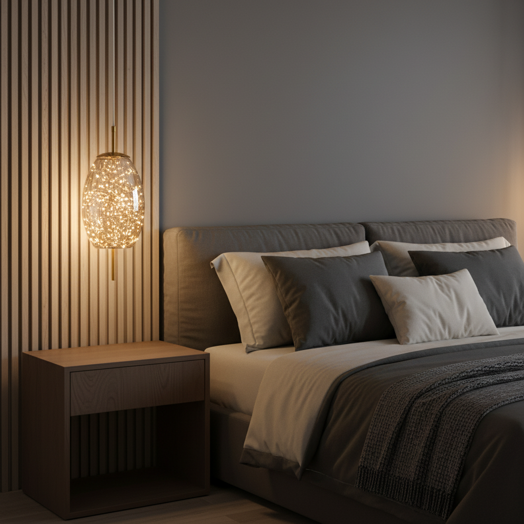 Type D oval glass pendant light hanging low beside a bed as a bedside light