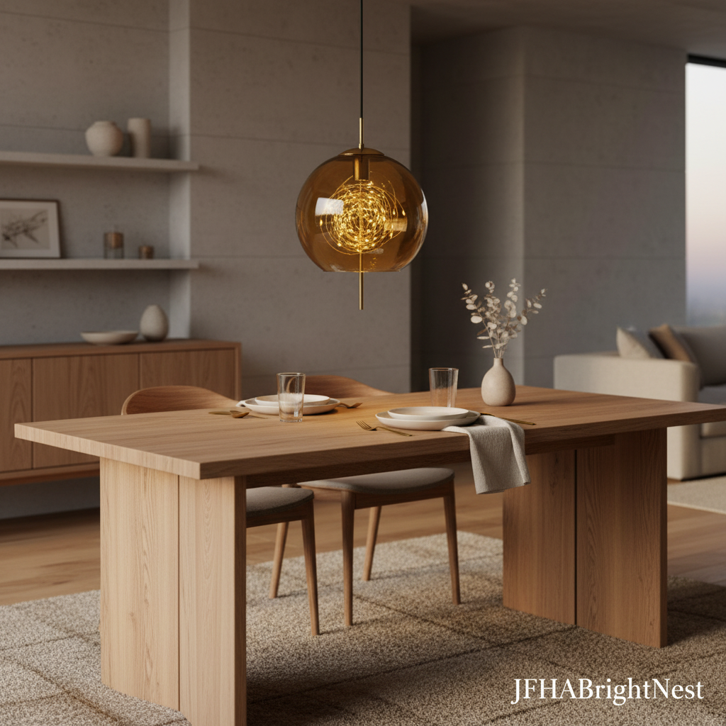 Amber globe glass pendant light hanging over a wooden dining table