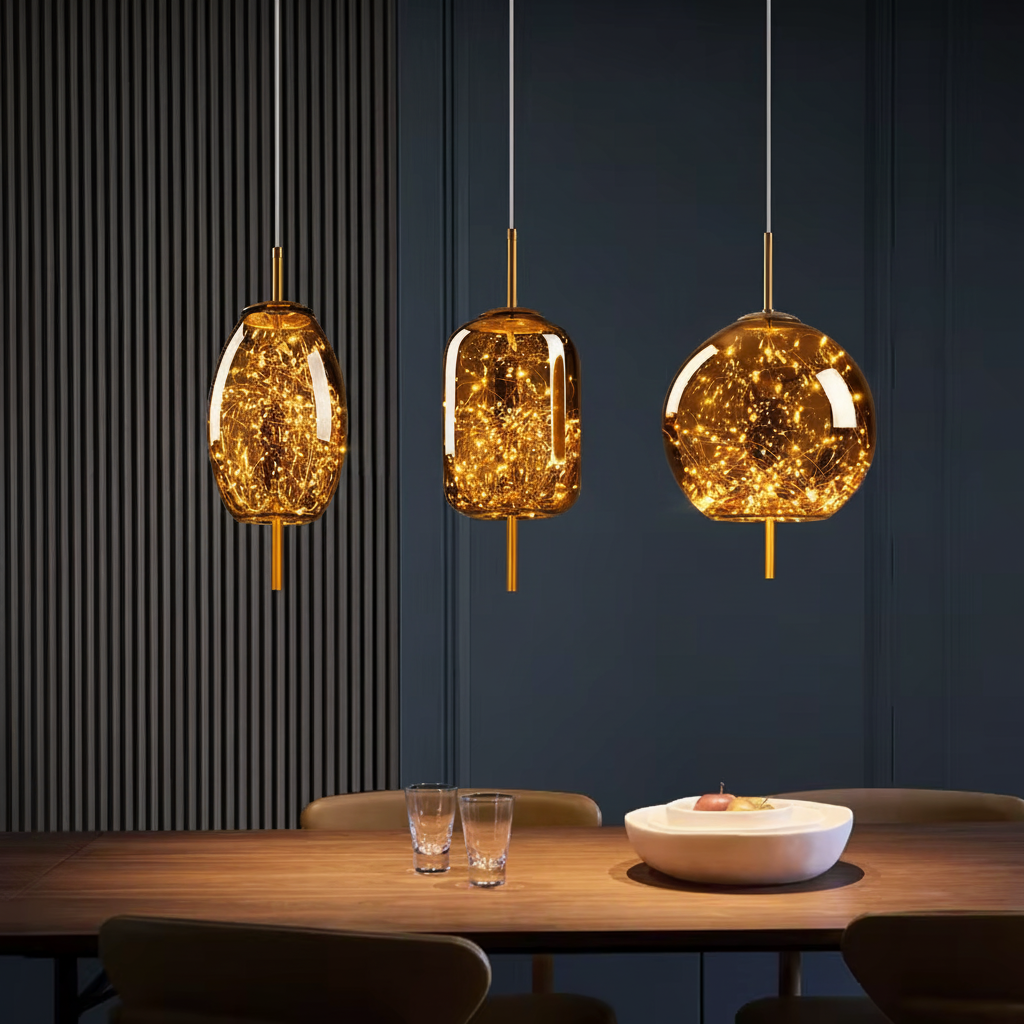 3-head amber glass pendant light set, oval, capsule and globe, glowing over a dining table