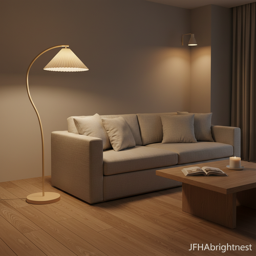 Aria arc floor lamp with pleated shade lit beside a grey sofa in a modern living room at night
