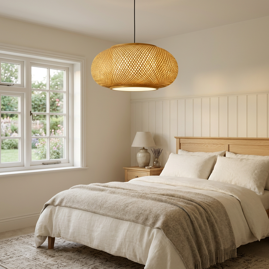 Bamboo pendant in a calm UK cottage bedroom