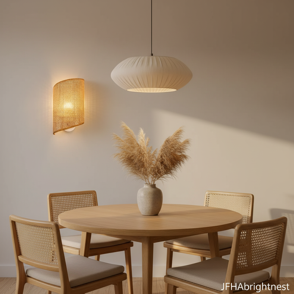 Woven bamboo wall sconce lighting a dining room beside a round oak table