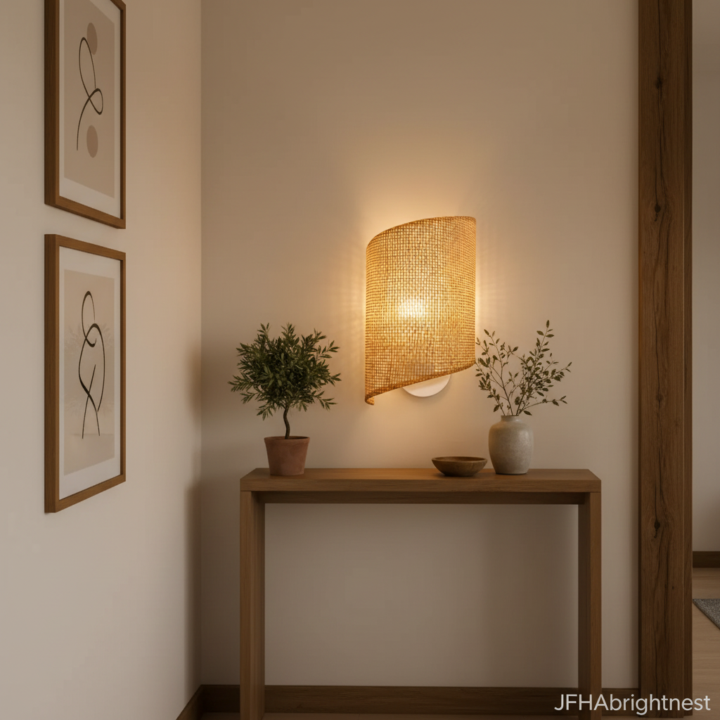 Woven bamboo wall sconce above a console table in a narrow hallway